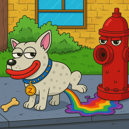 Zeus by Fire Hydrant with Rainbow